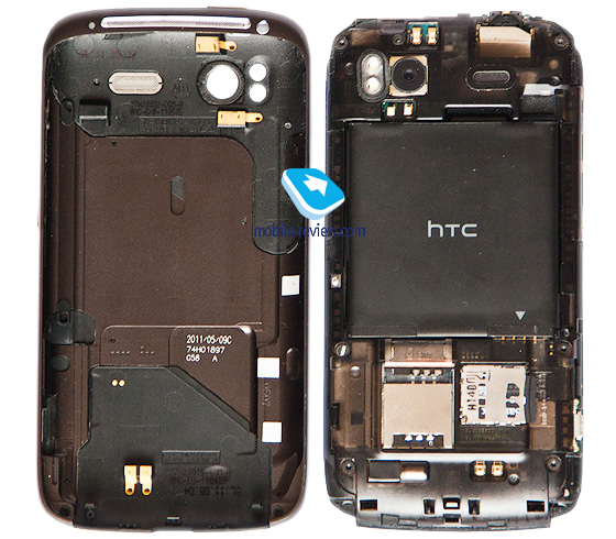 В HTC Sensation основну частину корпусу становить задня кришка, в ній використовуються вставки з металу і пластика soft-touch, виглядає таке рішення цікаво, багато знайомих, які бачили смартфон в перший раз, відзначали, що їм подобається таке рішення кришки